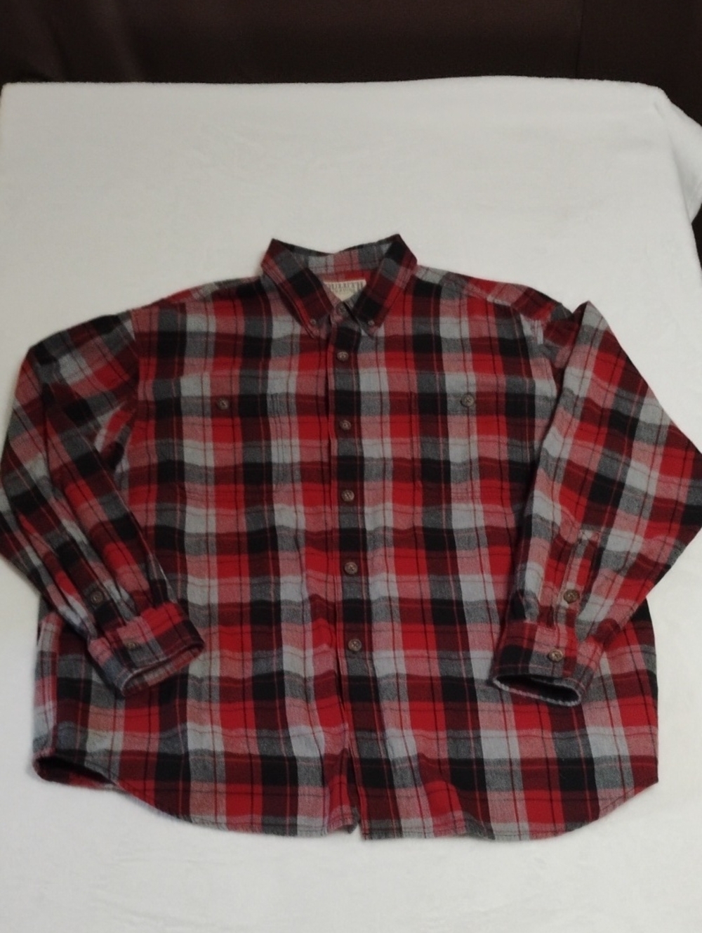 Duluth Trading Co Red, Gray and Black Plaid Button-Down Shirt
